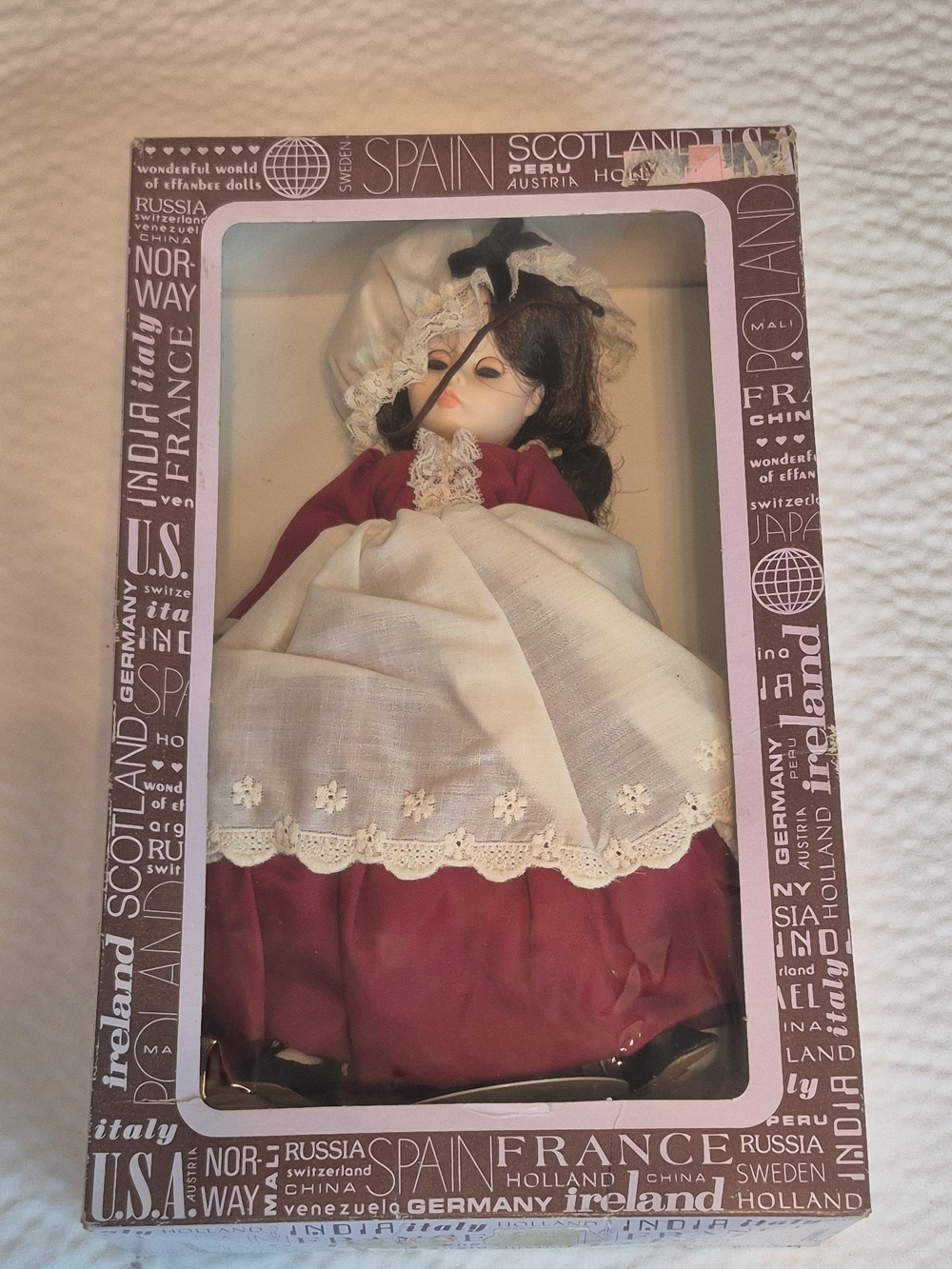 Effanbee Fashion Doll Burgundy Dress White Apron Original Unopened Box